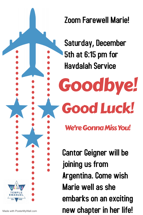 Zoom Farewell Party Havdalah Service for Marie Temple Emanuel of